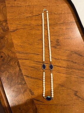 Classic Pearl and bright blue Stone Necklace. So Elegant!